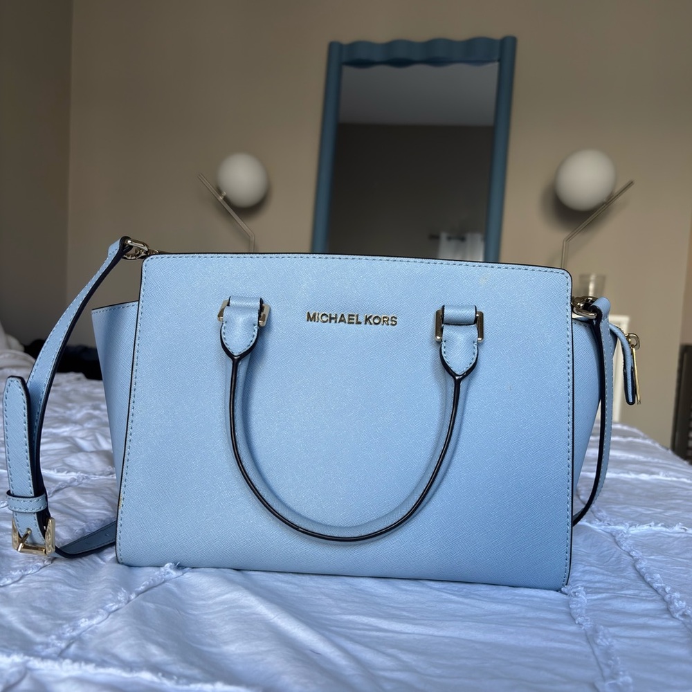 Michael Kors Blue Satchel with Gold Hardware
